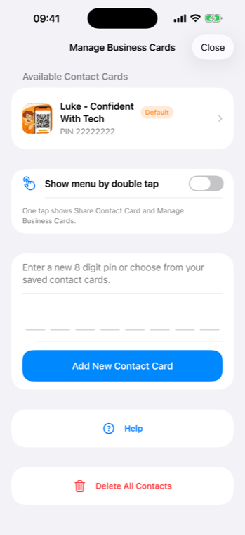 Manage business cards screen in the app